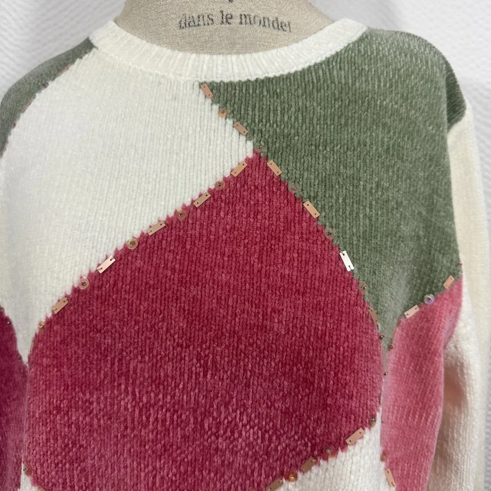 Alfred Dunner vintage argyle sweater Chenille Super Soft Colorblock Embellished - Picture 2 of 7